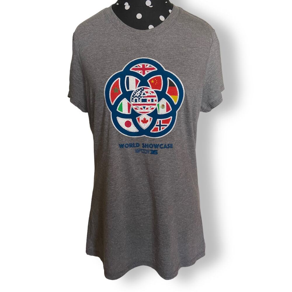 Disney Womens Tee Sz Small EPCOT World Showcase 35th Anniversary Tee Gray Flags